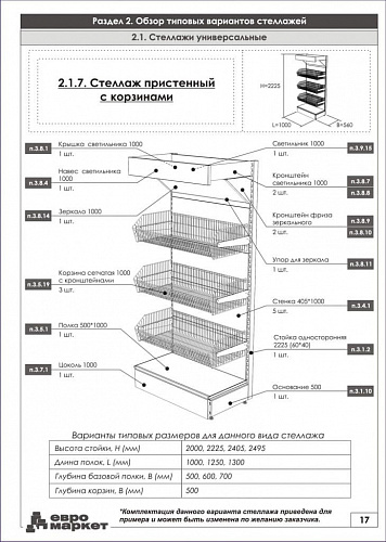 Пристенный стеллаж Евромаркет ПС0035 с корзинами и фризом Пристенный стеллаж Евромаркет ПС0035 с корзинами и фризом