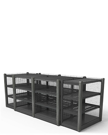 Островной стеллаж Евромаркет СС0057 сетчатый, с декоративными накладками из массива Островной стеллаж Евромаркет СС0057 сетчатый, с декоративными накладками из массива