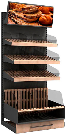 Пристенный стеллаж Евромаркет ХС0067 с фризом и подсветкой, для хлеба и булок Пристенный стеллаж Евромаркет ХС0067 с фризом и подсветкой, для хлеба и булок