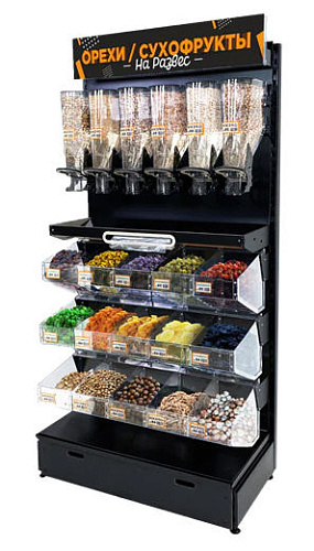 Металлический стеллаж с 6ю дозаторами металлической полкой и 12ю ячейками из оргстекла Евромаркет МС23288 Металлический стеллаж с 6ю дозаторами металлической полкой и 12ю ячейками из оргстекла Евромаркет МС23288