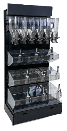 Металлический стеллаж c 6ю дозаторами и 12ю ячейками из оргстекла с лопатками Евромаркет МС23287 Металлический стеллаж c 6ю дозаторами и 12ю ячейками из оргстекла с лопатками Евромаркет МС23287