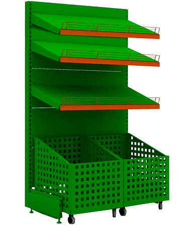 Овощной стеллаж Евромаркет ОВС0078 с выкатными ящиками и тремя полками Овощной стеллаж Евромаркет ОВС0078 с выкатными ящиками и тремя полками