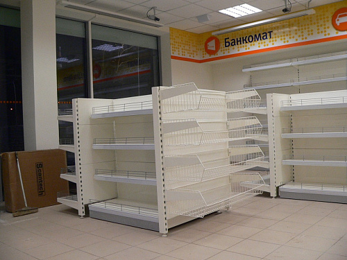 Пристенный стеллаж Евромаркет ПС00112 с сетчатыми корзинами без фриза Пристенный стеллаж Евромаркет ПС00112 с сетчатыми корзинами без фриза