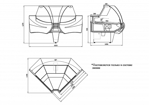 Холодильная витрина Enteco master НЕМИГА STANDART УВ 90 ВС угловая, основание на опорах, встроенный агрегат Холодильная витрина Enteco master НЕМИГА STANDART УВ 90 ВС угловая, основание на опорах, встроенный агрегат