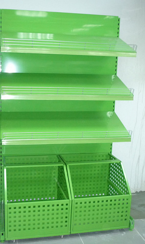 Овощной стеллаж Евромаркет ОВС0076 с выкатными ящиками и зеркальным фризом с подсветкой Овощной стеллаж Евромаркет ОВС0076 с выкатными ящиками и зеркальным фризом с подсветкой