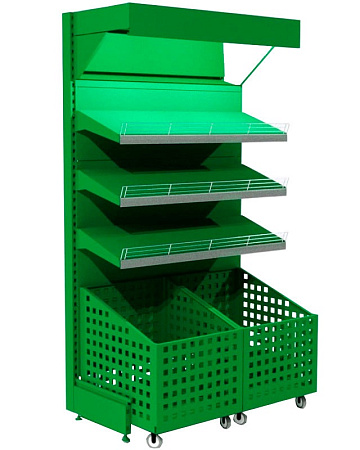 Овощной стеллаж Евромаркет ОВС00113 с выкатными корзинами и зеркальным фризом с подсветкой Овощной стеллаж Евромаркет ОВС00113 с выкатными корзинами и зеркальным фризом с подсветкой