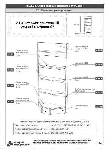 Угловой стеллаж Евромаркет УС0011 внутренний Угловой стеллаж Евромаркет УС0011 внутренний