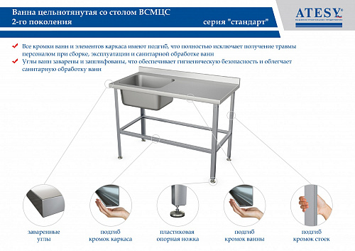 Ванна моечная цельнотянутая со столом Атеси Стандарт ВСМЦС-С-1П.500.400-1200.600-1-02 (ВСМЦ-1/1200) Ванна моечная цельнотянутая со столом Атеси Стандарт ВСМЦС-С-1П.500.400-1200.600-1-02 (ВСМЦ-1/1200)