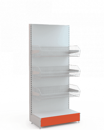 Пристенный стеллаж Евромаркет ПС00112 с сетчатыми корзинами без фриза Пристенный стеллаж Евромаркет ПС00112 с сетчатыми корзинами без фриза
