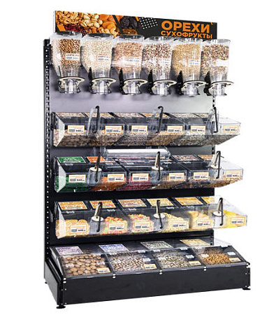 Металлический стеллаж с дозаторами, ячейками из оргстекла и ячейками вместо базовой полки Евромаркет МС23295 Металлический стеллаж с дозаторами, ячейками из оргстекла и ячейками вместо базовой полки Евромаркет МС23295