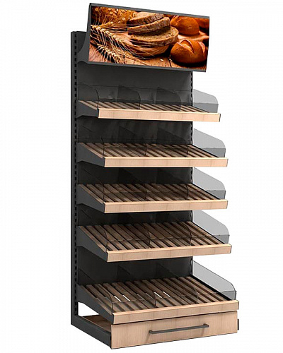 Пристенный стеллаж Евромаркет ХС0068 с фризом, для хлеба и булок Пристенный стеллаж Евромаркет ХС0068 с фризом, для хлеба и булок