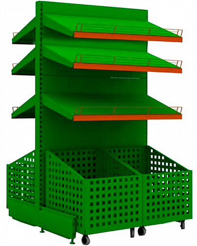 Островной овощной стеллаж Евромаркет ОВС0080 с выкатными корзинами Островной овощной стеллаж Евромаркет ОВС0080 с выкатными корзинами