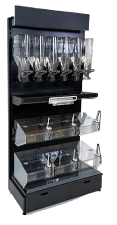 Металлический стеллаж с 6ю дозаторами маталлической полкой и 6ю ячейками из оргстекла с лопатками Евромаркет МС23292 Металлический стеллаж с 6ю дозаторами маталлической полкой и 6ю ячейками из оргстекла с лопатками Евромаркет МС23292