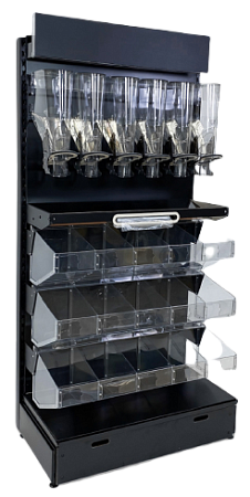 Металлический стеллаж с 6ю дозаторами металлической полкой и 12ю ячейками из оргстекла Евромаркет МС23288 Металлический стеллаж с 6ю дозаторами металлической полкой и 12ю ячейками из оргстекла Евромаркет МС23288