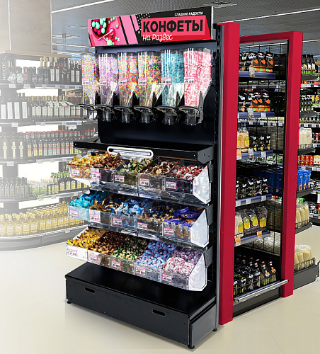 Металлический стеллаж с 6ю дозаторами металлической полкой и 12ю ячейками из оргстекла Евромаркет МС23288 Металлический стеллаж с 6ю дозаторами металлической полкой и 12ю ячейками из оргстекла Евромаркет МС23288