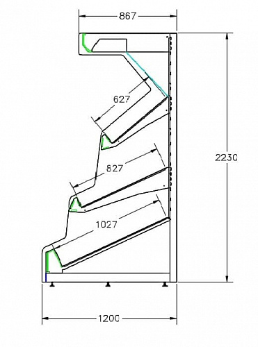 Овощной стеллаж Евромаркет ОВС0077 с боковинами ЛДСП, зеркальным фризом с подсветкой Овощной стеллаж Евромаркет ОВС0077 с боковинами ЛДСП, зеркальным фризом с подсветкой