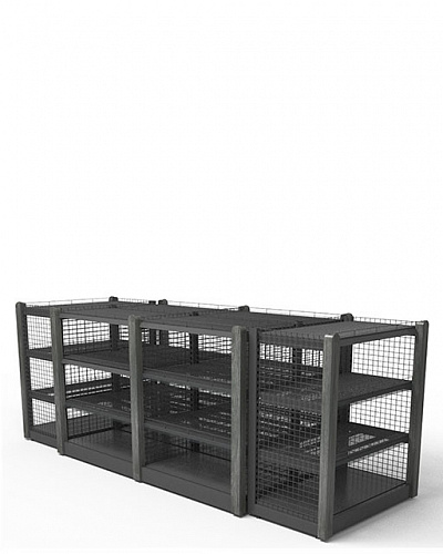 Островной стеллаж Евромаркет СС0057 сетчатый, с декоративными накладками из массива Островной стеллаж Евромаркет СС0057 сетчатый, с декоративными накладками из массива